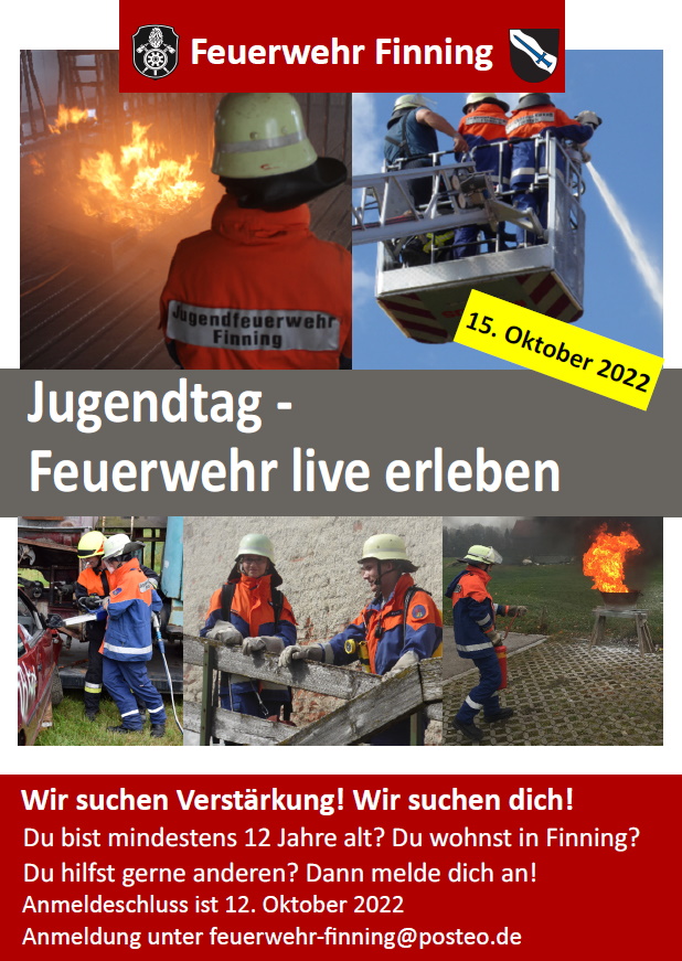 Die Jugendfeuerwehr Finning sucht Verstärkung. Dazu veranstalten wir einen "Jugendtag - Feuerwehr live erleben" am Samstag, 15. Oktober 2022. Erlebe spannende Momente und werde ein Teil der Jugendfeuerwehr.
