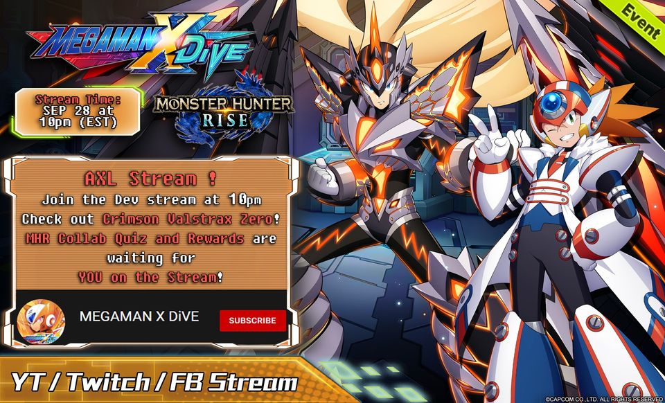 MEGAMANXDiVEMO1's tweet photo. Stream is coming this Wednesday at 10pm EST!
Subscribe now and don't miss:
MegaMan x MHR Quiz, Codes, and a Flash Sale!
YouTube: https://t.co/ua9q3UyGoO
Facebook: https://t.co/nYDgF7jro6
Twitch: https://t.co/oDlmH7AgTo
#MegamanXDiVE x #MonsterHunterRise https://t.co/CLrerKVhnA