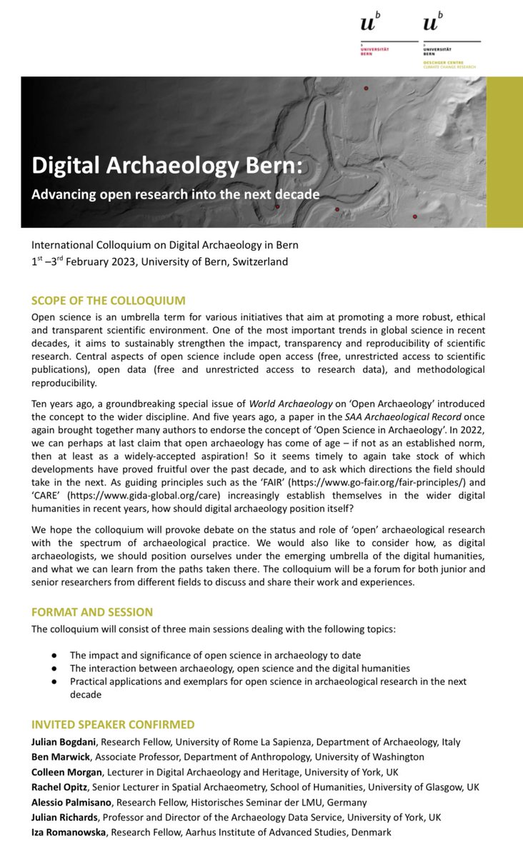 MECastiello's tweet photo. CfP 📢📝 for the #DigitalArchaeology Bern: Advancing open research into the next decade » @unibern on 1-3.02.2023 with confirmed keynote speakers @Iza_Romanowska @benmarwick @AlePalmi82 @JulianBogdani @Archaemedia @RachelOpitz @clmorgan 
Looking forward to seeing you there! https://t.co/DbQEI2ZeQ1