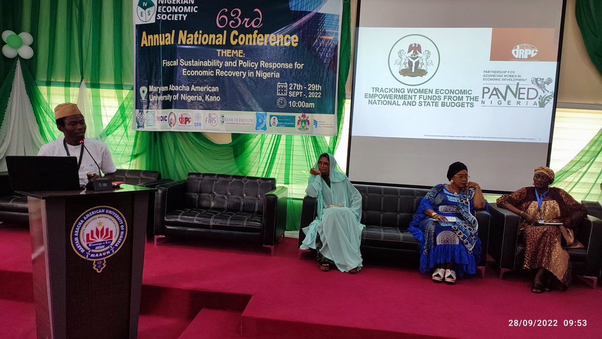 drpc_nig's tweet photo. @drpc_nig-#PAWED panel session titled 'Tracking, analysing and calculating the impact of government private, and donor investments in WEE in Nigeria - challenges of data reliability and macroeconomic methodology' holding today Sept 28 at the #NES2022 #Conference in Kano, Nigeria https://t.co/pKoQ3X9fXO