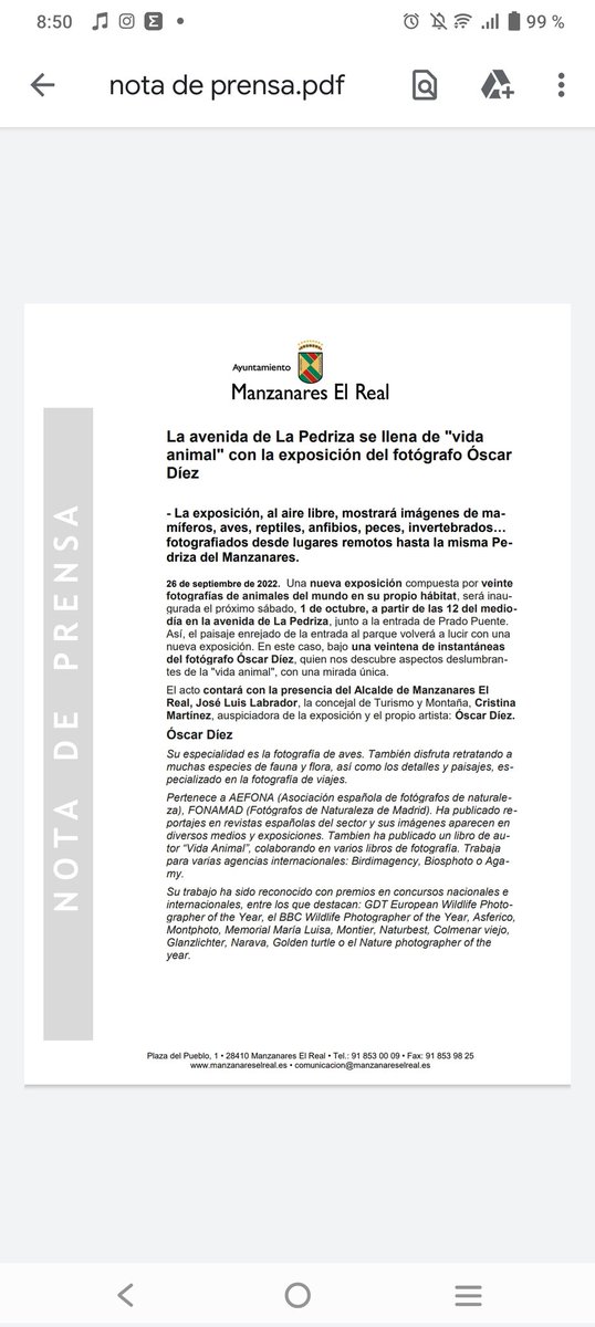 🖼️Este sábado tenéis cita con nuestro compañero Oscar Díez ( oscardiez.es en Manzanares el Real para la exposición al aire libre que ha preparado.
📆1 de octubre 
🕑12 del medio dia
📍Avda. de la Pedriza, Manzanares el Real
¡No os la perdáis!