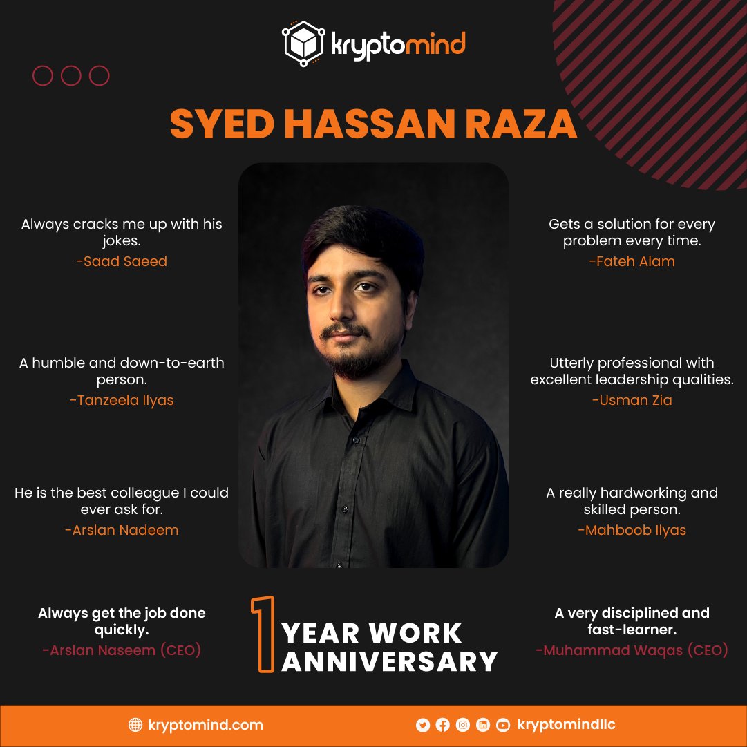 Kryptomindllc's tweet photo. Congratulations to Daniyal Ahmer Alvi and Syed Hassan Raza on completing their first year with us 🎉

We appreciate you being a part of our team. Thanks for all your hard work, the assistance you always provide, and the value you add. 

#workanniversary #oneyearatkryptomind https://t.co/41DdjNwsyI