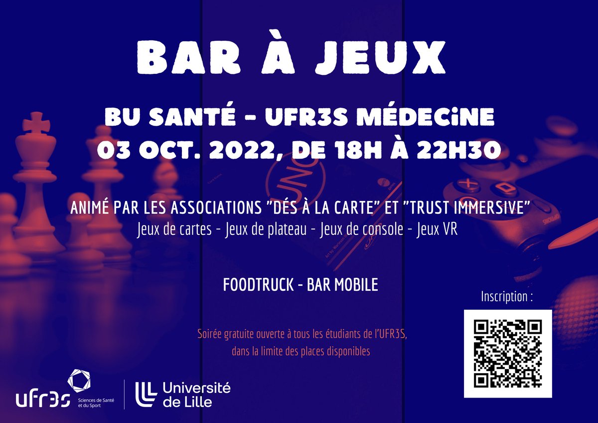 🗓SAVE THE DATE  le 3/10 à 18h à la #BUSanté  : SOIREE JEUX 🎮 !
Retrouvez sur place un foodtruck et un bar mobile🍸 
Soirée ouverte et gratuite pour les étudiants de l'UFR3S @medecine_Ulille
👇Inscription : Scanner le QR code sur le flyer
eventbrite.fr/e/billets-soir…