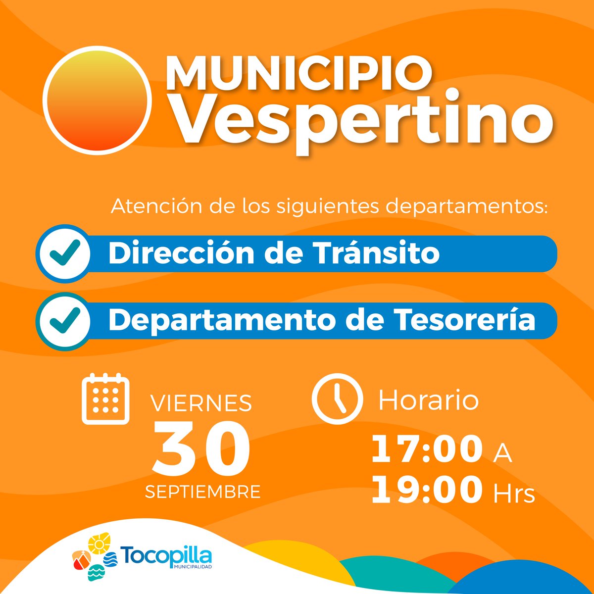 Los esperamos este viernes 30 de septiembre, de 17:00 a 19:00 horas, en una nueva Atención del municipio vespertino, con el equipo del departamento de tesorería y la dirección de transito👌🏻.

#Tocopilla #municipal
