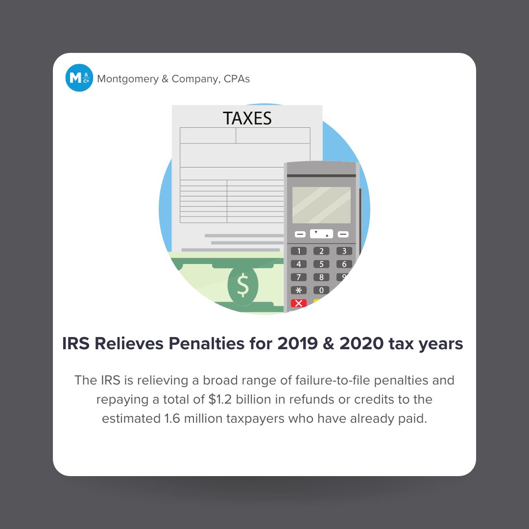 To focus on backlogged tax returns &amp; taxpayer correspondence, the IRS is relieving failure-to-file penalties for the 2019 &amp; 2020 tax years. Those that have already paid these penalties will be receiving refunds or credits by the end of September, no request needed.