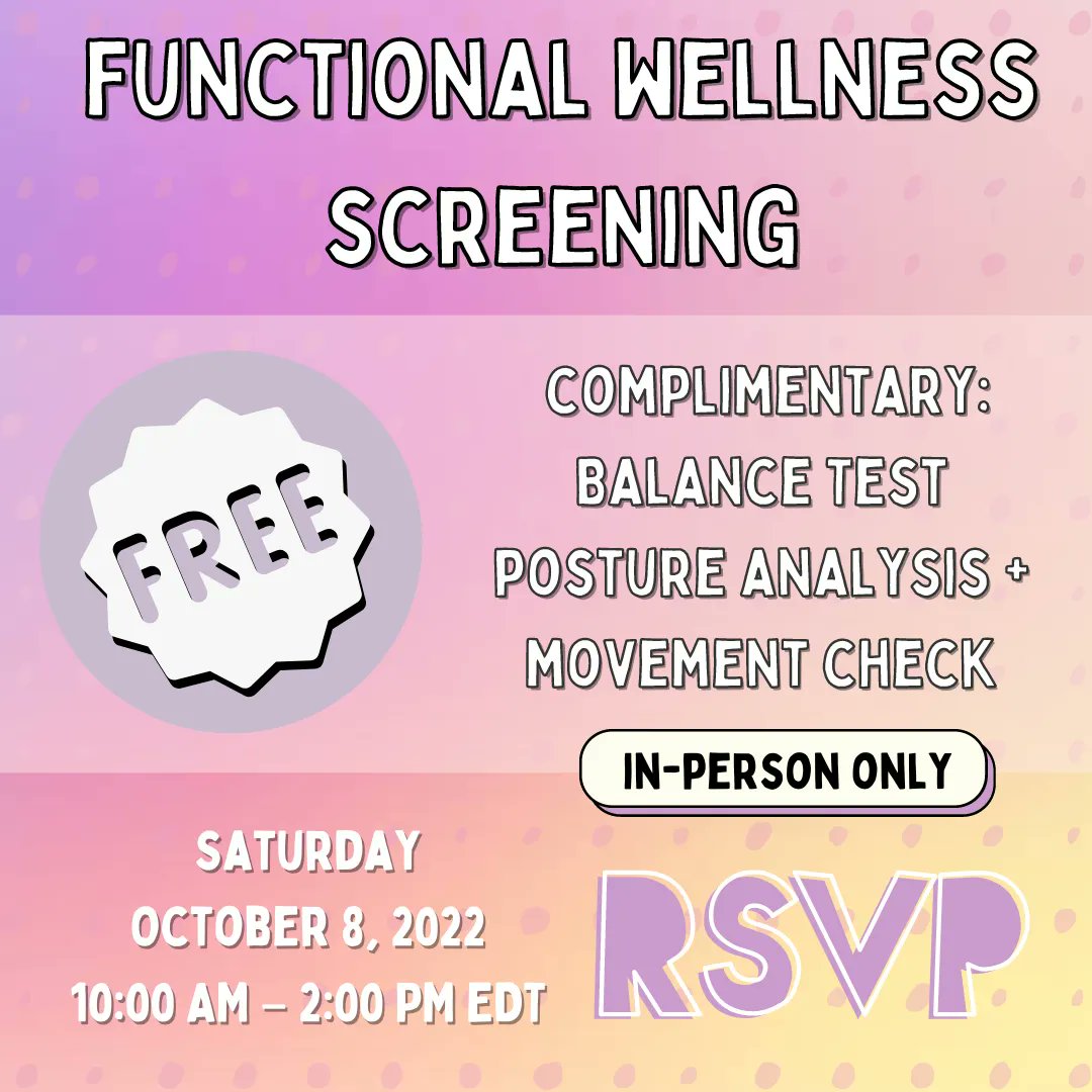 beyondbasicspt's tweet photo. Sat, Oct 8th: 10am - 2pm EDT, our team is performing โจCOMPLIMETARYโจ #FunctionalWellness Screenings in honor of PT Day of Service! Click here to sign up โก๏ธhttps://t.co/HbbL1IJ43E #physicaltherapy #wellnessscreening #ptdayofservice #medicalscreening https://t.co/ndgQAW0754
