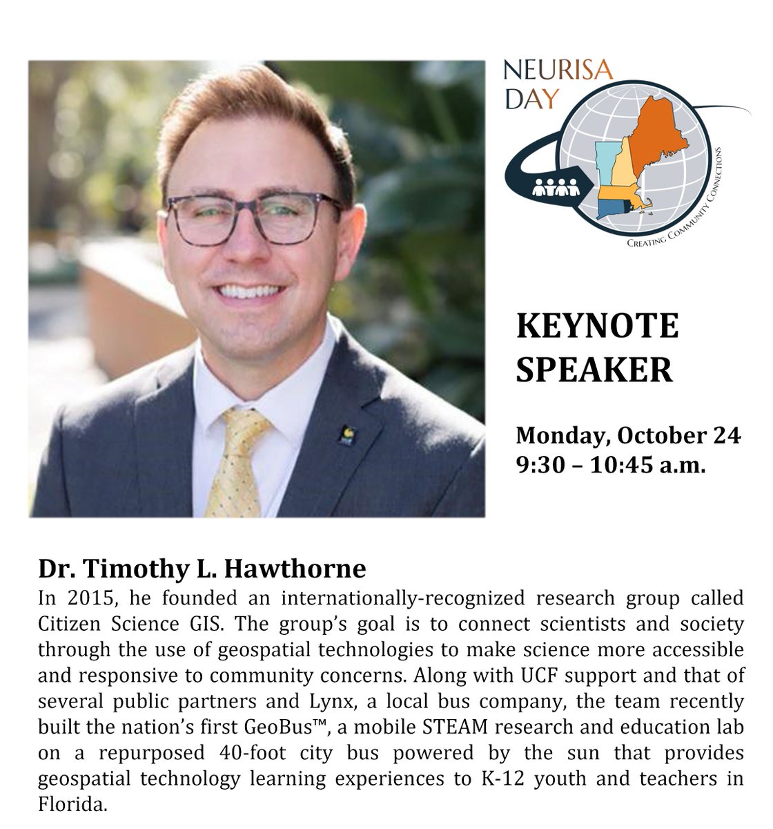 NEURISA's tweet photo. Our #ND22 Keynote Speaker is Dr. Hawthorne @timlhawthorne, 2022 National Geographic Explorer, tenured associate GIS professor at the University of Central Florida & founder of internationally recognized Citizen Science GIS. Register today & hear him speak! https://t.co/BicuJiHbFY https://t.co/tT7PJTN1Ma
