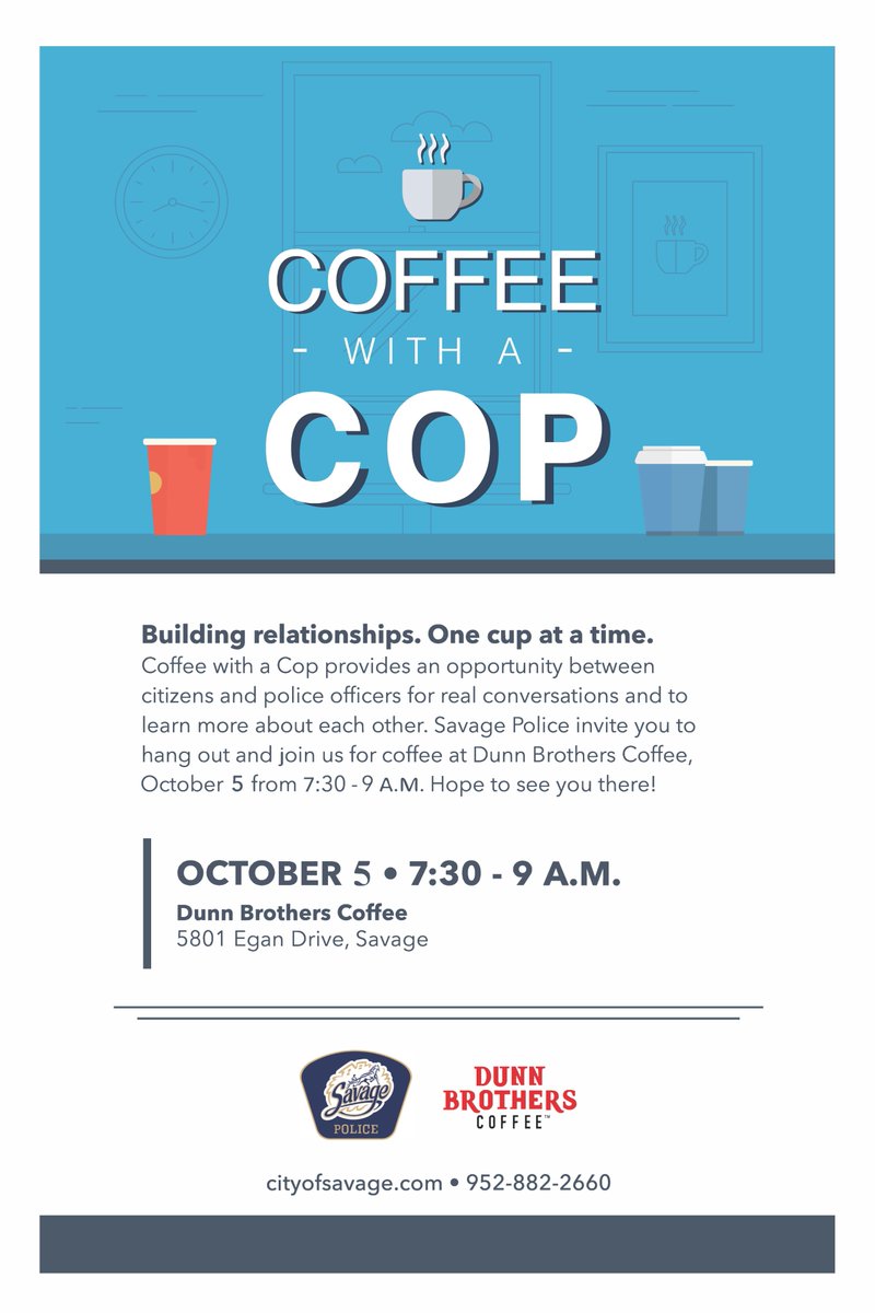 SavagePoliceDep's tweet photo. Don't forget to meet us for coffee before school or work on October 5th at Dunn Brothers! https://t.co/yKewC5MIHY