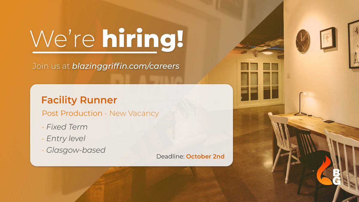 We're hiring a Facility Runner to join our Postproduction Team! 🏃‍♂️🎬

If you're motivated, enthusiastic and have a passion for the creative industries, we'd love to hear from you

Find out more about the role / apply here  👇
blazinggriffin.bamboohr.com/careers/68