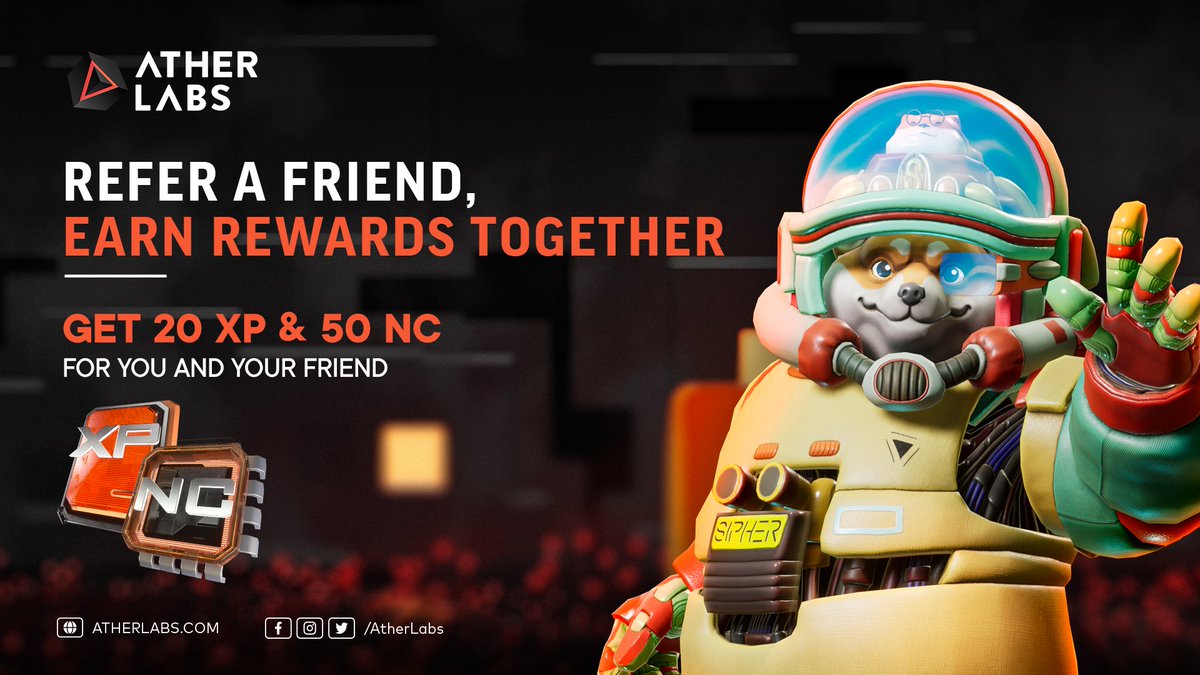 Want more Ather Club rewards?🤩

Invite your friends to create an Ather Account &amp; earn rewards together!

1️⃣Go to Referral section: dashboard.atherlabs.com/ather-club/ref…
2️⃣Share your referral code or referral link

Once they hit Bronze Ather Rank (level 5), you will both earn XP and Nanochips.