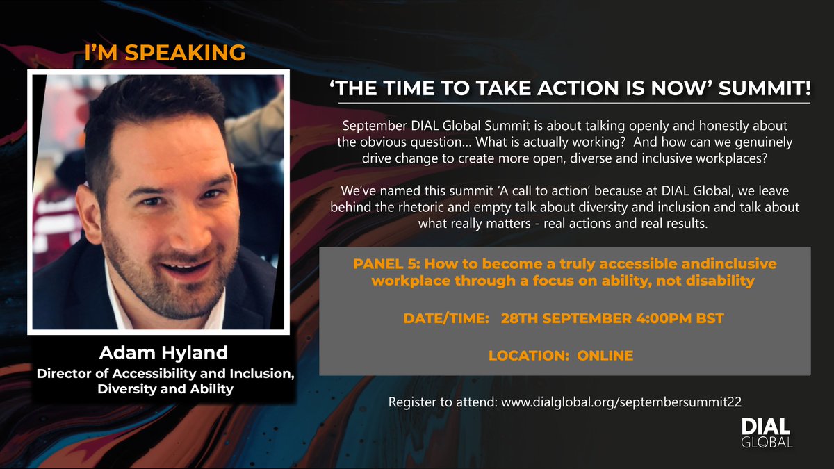 Adam Hyland (@adam_hyland) on Twitter photo The Time to Take Action is Now!!
I am joining panel 5 today 4pm BST at the September <a href="/DIALGlobal_/">Leila Mckenzie-Delis 💃🏻 DIAL Global 💖🌈✨</a> Summit to talk about - How to become a truly accessible and inclusive workplace through a focus on ability, not disability. Follow link to join hopin.com/events/the-tim… The Time to Take Action is Now!!
I am joining panel 5 today 4pm BST at the September <a href="/DIALGlobal_/">Leila Mckenzie-Delis 💃🏻 DIAL Global 💖🌈✨</a> Summit to talk about - How to become a truly accessible and inclusive workplace through a focus on ability, not disability. Follow link to join hopin.com/events/the-tim…