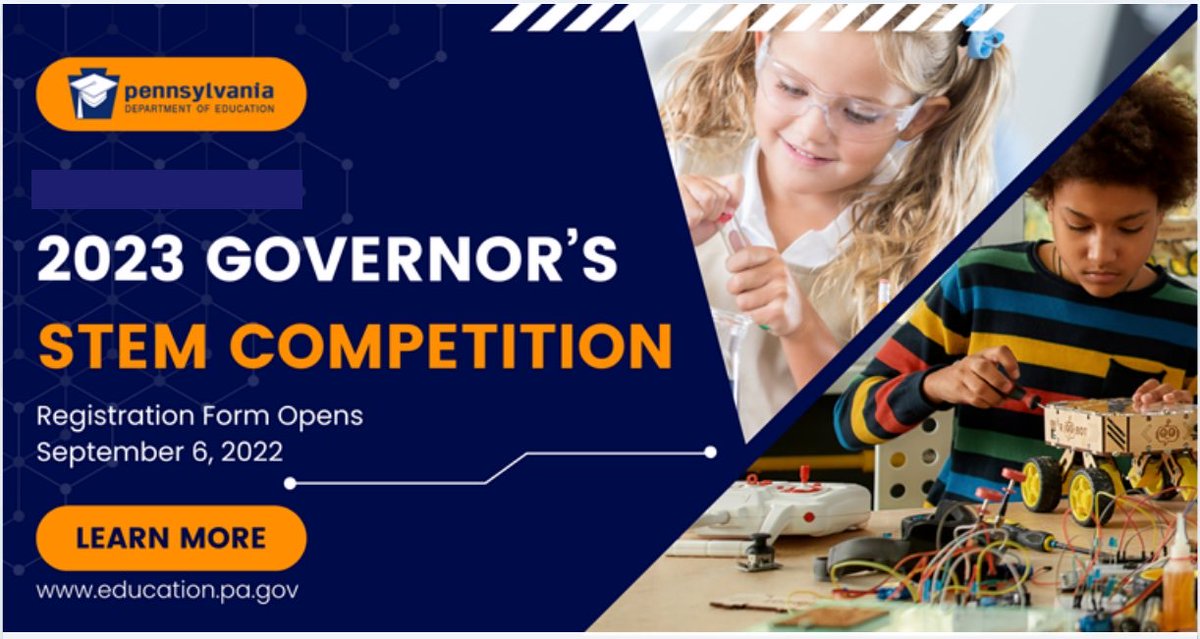 riverviewiu6's tweet photo. Registration is open! Register your school-team of 9th-12th graders for the 2023 Gov. STEM Competition! #GovSTEMComp #STEMinPA #CareerReadyPA
https://t.co/6QOXlnnfiC https://t.co/RZx1ki48f6