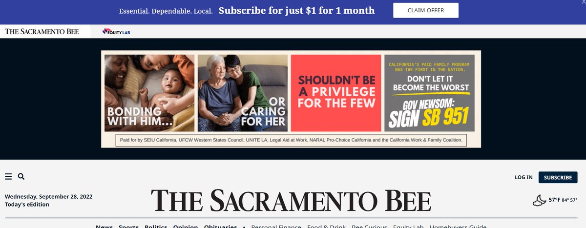 Pressure is ramping up on #SB951, the #PaidLeave wage replacement bill in #California with a new ad asking @CAgovernor @GavinNewsom to sign. A veto would make CA more inequitable with the worst wage replacement rates for low- and many middle-wage workers come January 1.