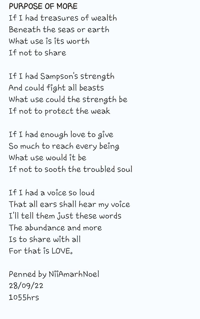 NiiAmarhNoel's tweet photo. It's #WriteUpWednesday again. And what I have in abundance, #words, I share with you, for this is the #PurposesOfMore
I hope you enjoy it... #writerslift #writersoftwitter #WriteUp #poetry #poem #poetrycommunity
Like, Share, Retweet, whatever.. lol https://t.co/8A7hIdS7x5