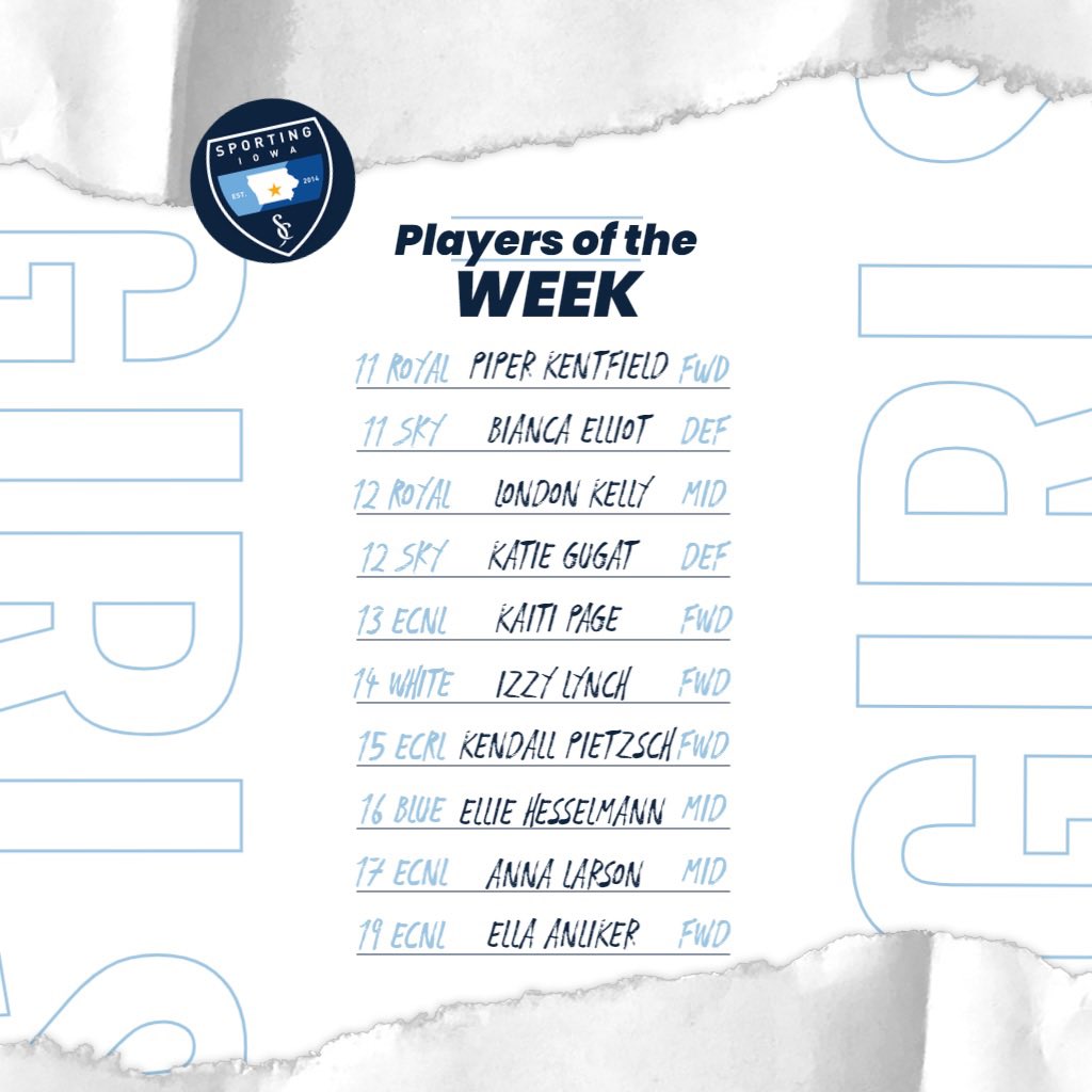 SportingIowa's tweet photo. We have our sixth Girls Players of the Week! Congrats to these girls on a great week! #SportingIowa #Family #Trust #Integrity #PlayersoftheWeek https://t.co/7SiBFJ62E1