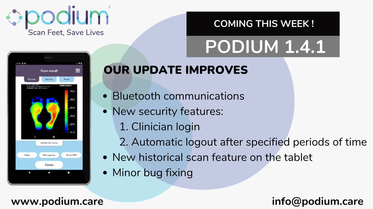 PodiumFootcare's tweet image. An update to the podium system is coming this week!
The update improves your podium from 1.4 to version 1.4.1 with better and more robust features!
Contact us at info@podium.care 
#podiumfootcare #versionupgrade  #footthermaldevice #medicaldevice #podiatrydevice