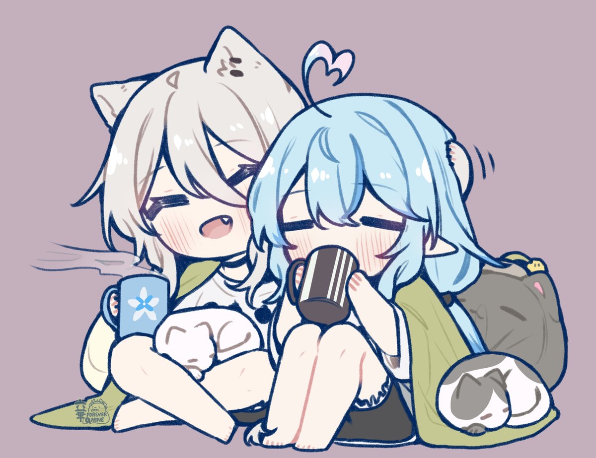 shishiro botan ,yukihana lamy multiple girls 2girls animal ears cup ahoge chibi grey hair  illustration images