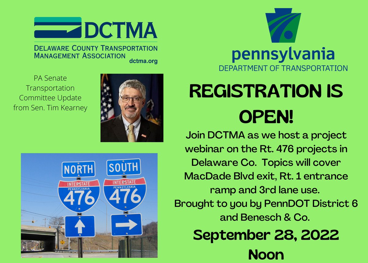 DC_TMA's tweet photo. Just a reminder that our #TDM webinar on the upcoming I-476 construction is today, 9/28 at Noon! If you need to register, here is the link: https://t.co/0rZJDihZkG
#TDMwebinar #transportation #delawarecounty #delco #blueroute https://t.co/oF02i2lS9t
