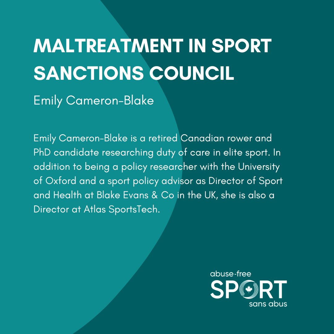 AbuseFreeSport's tweet image. This week, we continue the presentation of the members of the Maltreatment in Sport Sanctions Council with Emily Cameron-Blake!
