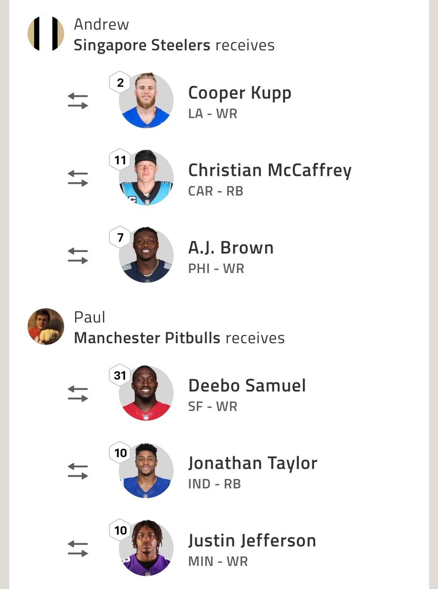 AndrewEngland17's tweet photo. @NFLFantasy Who wins this trade? https://t.co/UYawR8MLZ7