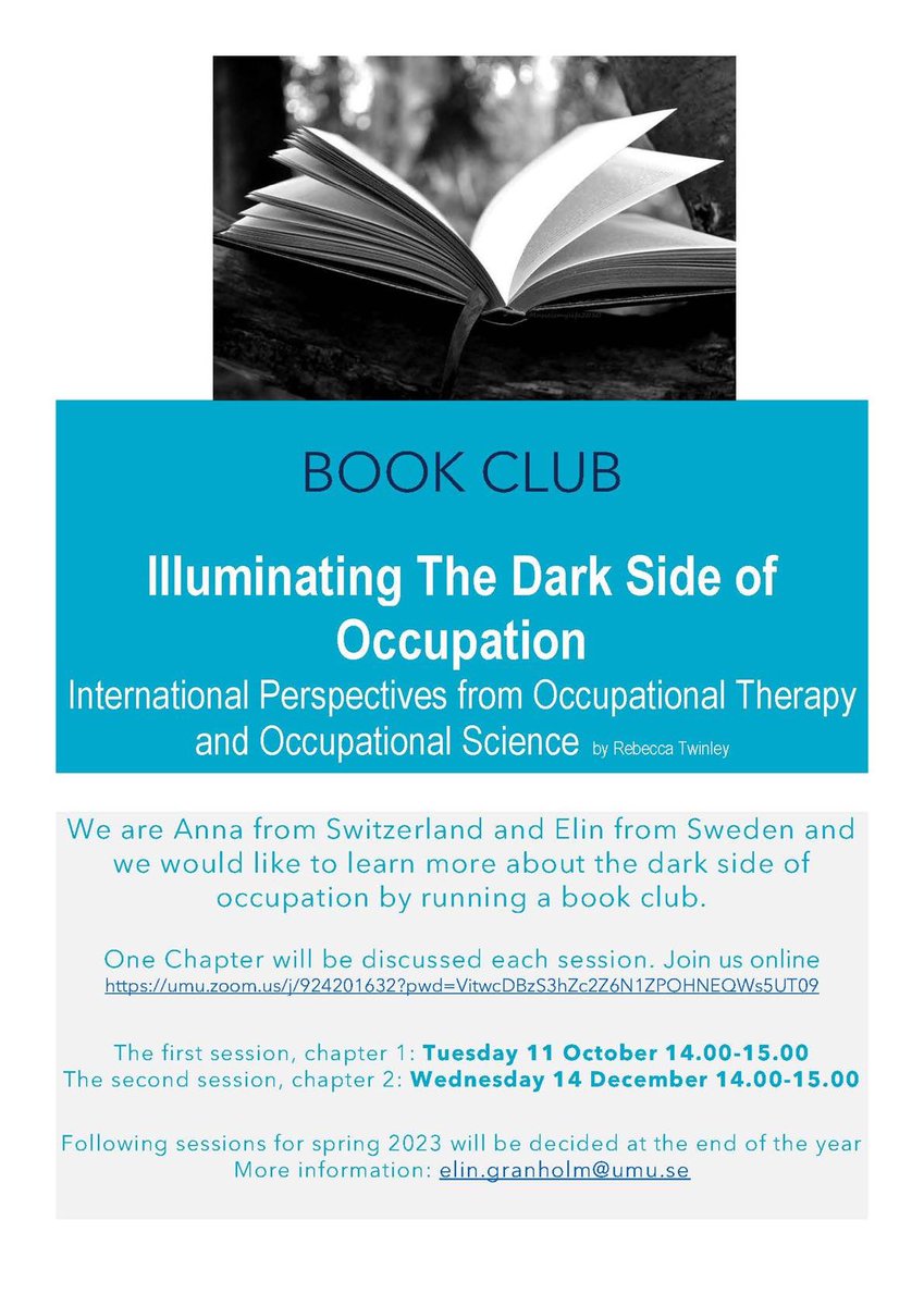 drmikesyot's tweet photo. #BookClub “Illuminating The Dark Side of Occupation” @RebeccaTwinley led by Anna🇨🇭 and Elin 🇸🇪 

11 October at 1400-1500 (CET) 

Zoom ⬇️⬇️⬇️
https://t.co/2xDkjVaPEB https://t.co/unhKdqjG3E
