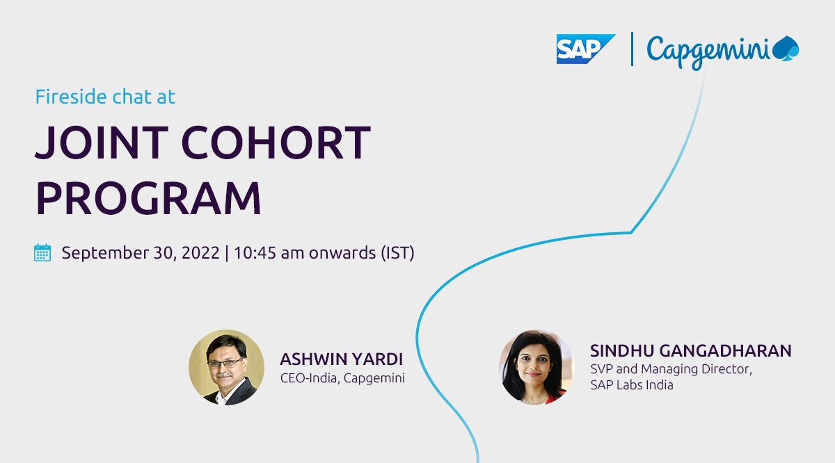 Capgemini India (@capgeminiindia) on Twitter photo Our Joint Cohort Program features a fireside chat with <a href="/AshwinYardi/">AshwinYardi</a>, CEO-India, Capgemini, and <a href="/gangadharansind/">Sindhu Gangadharan</a>, SVP & Managing Director, SAP Labs India. Stay tuned for insights from the session.
#GetTheFutureYouWant Our Joint Cohort Program features a fireside chat with <a href="/AshwinYardi/">AshwinYardi</a>, CEO-India, Capgemini, and <a href="/gangadharansind/">Sindhu Gangadharan</a>, SVP & Managing Director, SAP Labs India. Stay tuned for insights from the session.
#GetTheFutureYouWant