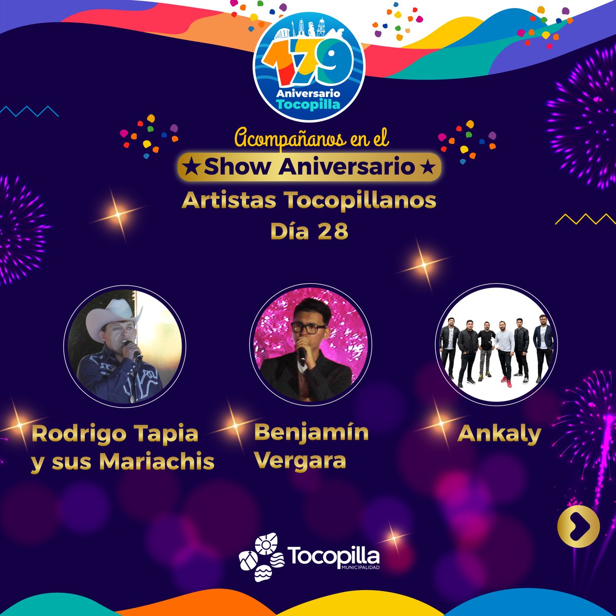 Los dejamos a todos invitados a participar de nuestro #aniversario179 del puerto de #Tocopilla.
En un show que contara con artistas como #Loskjarkas y #LoscharrosdeLumaco, compartiendo escenario junto a nuestros artistas locales y regionales.