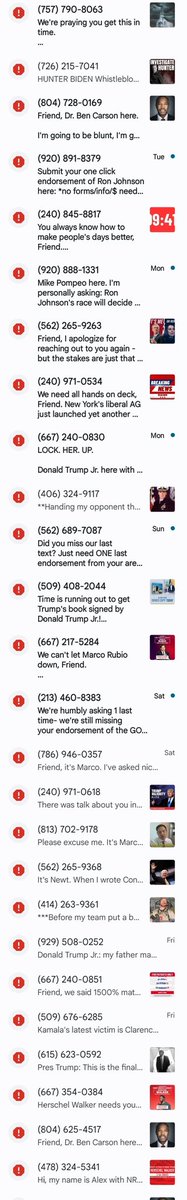tpallot's tweet photo. At 1st I thought it was hysterical  #RNC was texting ME (couldn't be more Dem if I tried) "as 1 of our top donors, RNC is counting on you" but now they r BLOWING UP my phone. If I see 1 more msg about mentally unstable, violent, hostage holding, Hershel I may scream! #BlueWave https://t.co/cx37accR1n