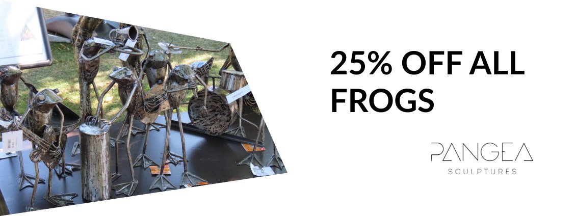 🐸 25% OFF ALL OUR FROGS! - WHILE STOCK LASTS! 🐸
🚨 Get 25% off our full range of frogs, get the band together! 🚨
pangeasculptures.com/product-catego…
-
#pangea #pangeasculptures #frog #frogart #metalart  #frogs #frogsofinstagram #animals #recycledmetal #recycledart #africanart