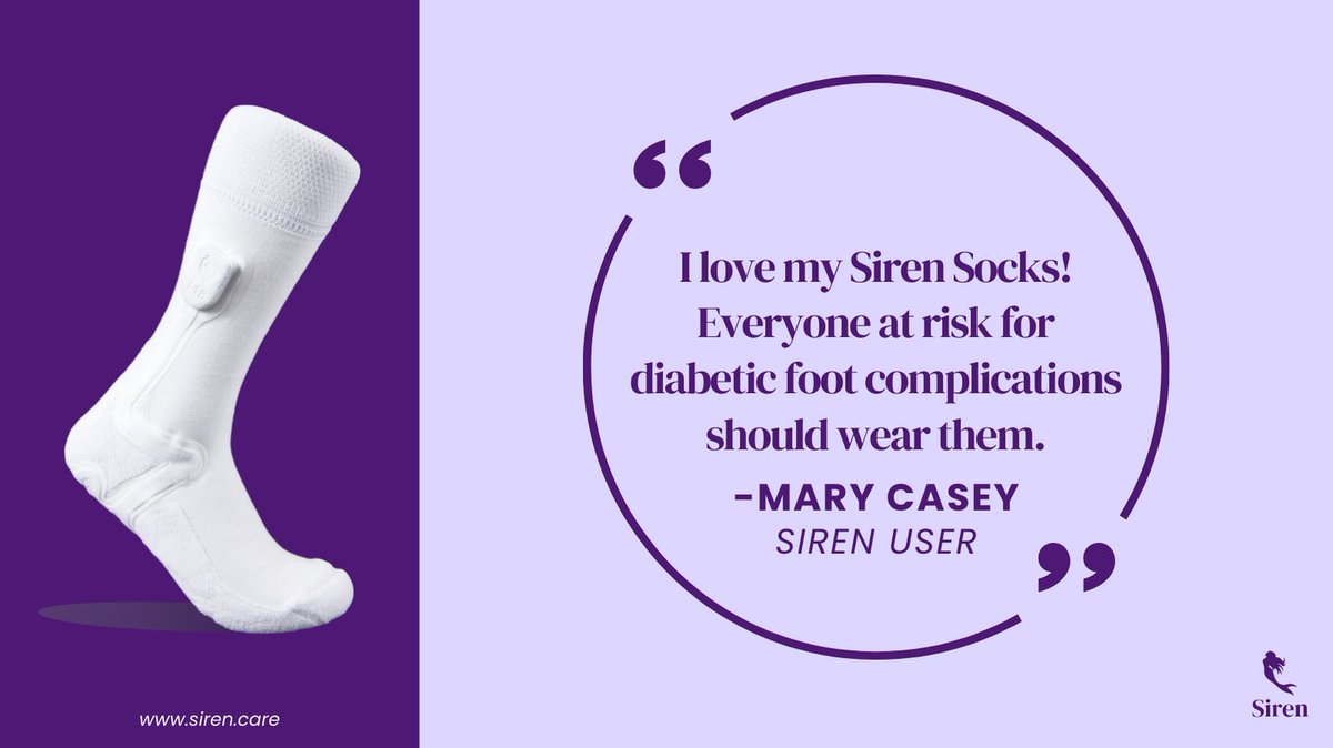 SirenCare's tweet photo. "I love my Siren Socks! Everyone at risk for diabetic foot complications should wear them."💜🦶🏽💜
-Mary Casey
Siren User
#siren #podiatrist #dfu #sirensocks #diabetes #monitoring #telehelath https://t.co/6G4kYuAToE