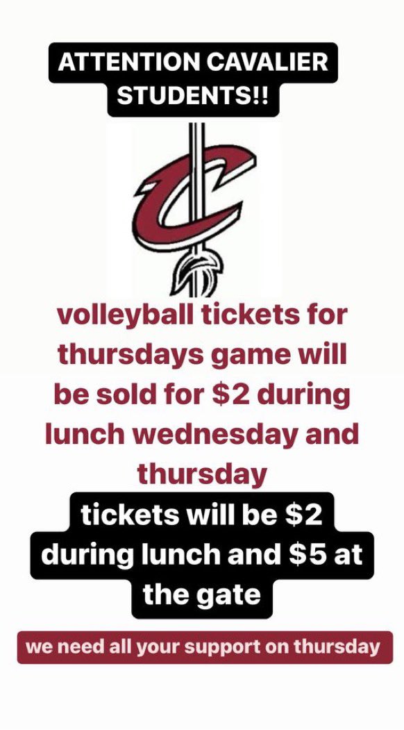 Students! $2 tickets for Thursday’s game sold during lunch today and tomorrow! 🏐🏐🏐