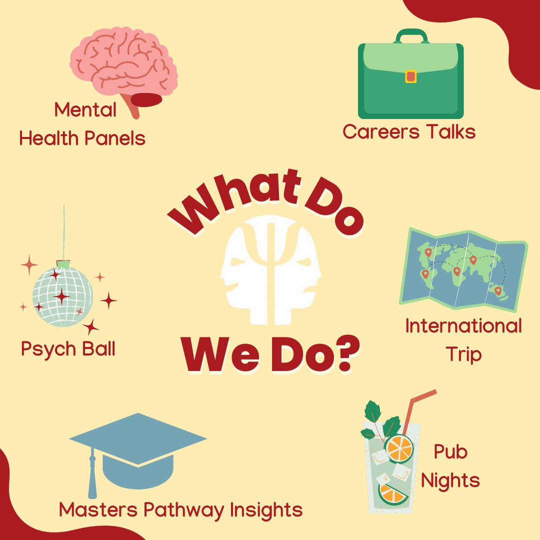 Here's just a snapshot of what the Psychology Society offers! We have plenty of events ranging from educational to social so there is something to suit everyone. We are so excited for the year ahead and can't wait to bring you loads of great events 🧠