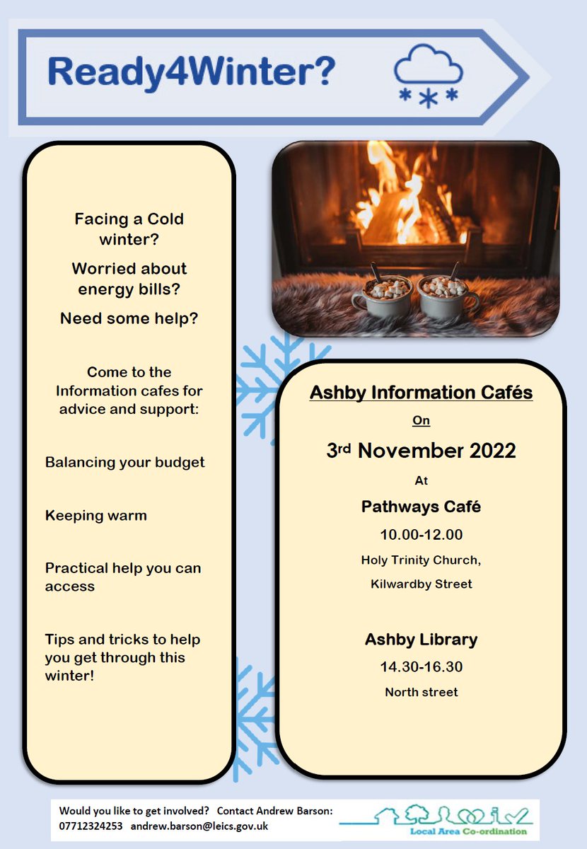 Jane and Stuart from Moneywise Plus will be at Pathways Café and Ashby Library  on Thursday 3rd November to give advice on saving money and staying warm this winter. ☕️❄️

#Leicester #Leicestershire #Ashby #costofliving #supportandadvice