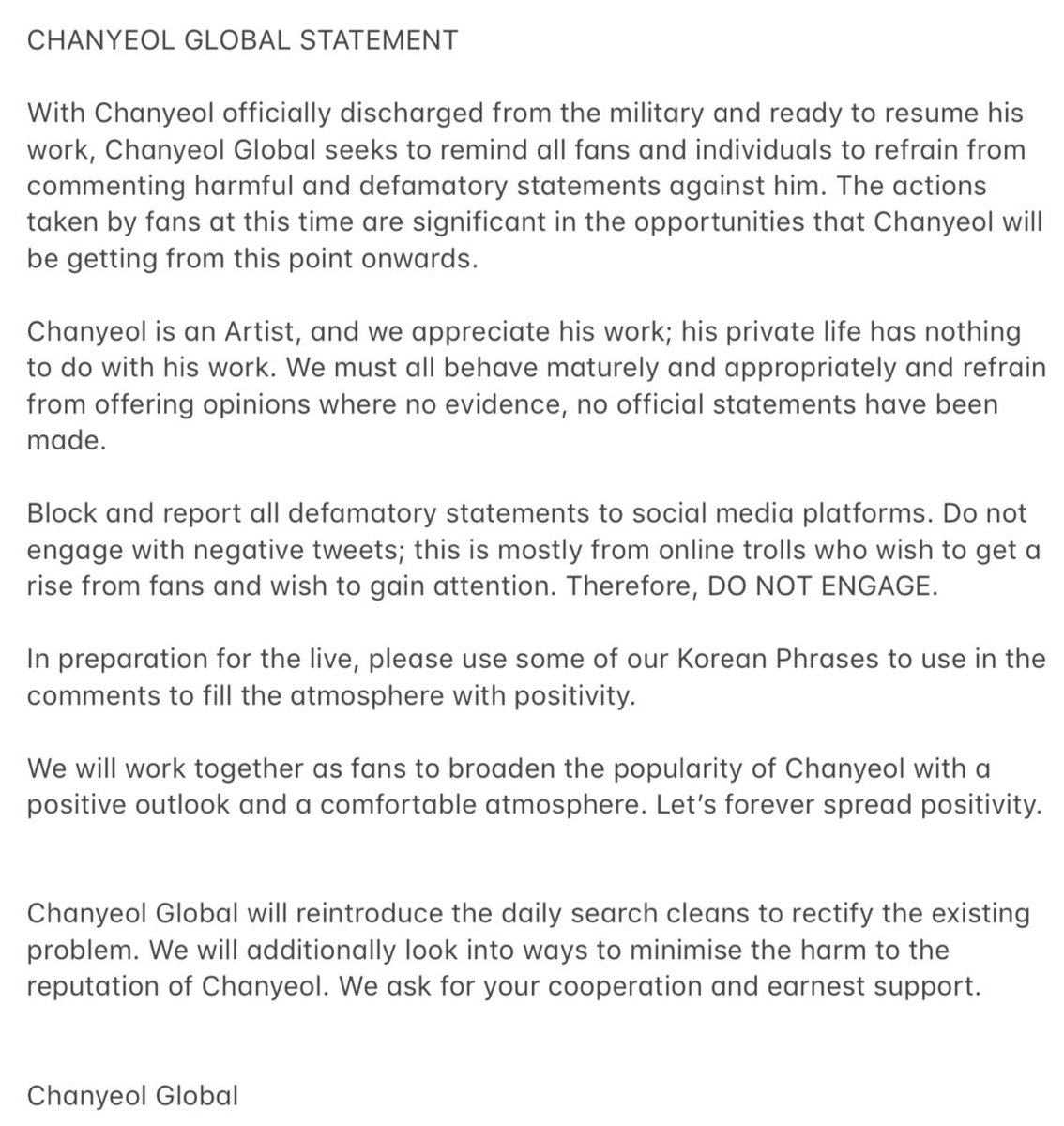 ChanyeolGlobal's tweet photo. STATEMENT

With #CHANYEOL discharged from the military and resuming his activities, Please read our full statement on dealing with defamatory and harmful comments!

Positive Korean Phrases: 

🍒https://t.co/tn8zfTTYDP

#WelcomeBackChanyeol
#찬열아_전역축하해_보고싶었어 https://t.co/DmmzwLfJMc