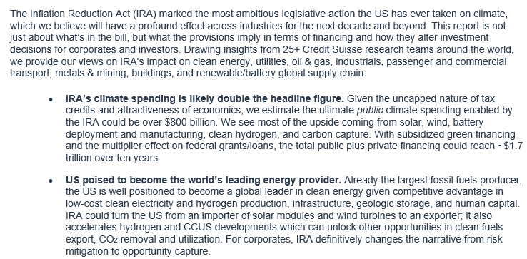 scottamoskowitz's tweet photo. Credit Suisse note this morning is the first I've seen to really highlight a key fact of the IRA, which is that most of the tax credits are totally uncapped. The bill is designed to work and there's huge upside. Most stocks in the clean energy sector are likely undervalued. https://t.co/naQ5lgD4Q9