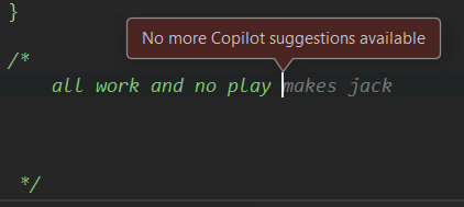 _bgr_'s tweet photo. This completion takes quite a bit of time for GitHub Copilot to suggest it, and it doesn't want to finish the sentence. https://t.co/JTRjzZauNj