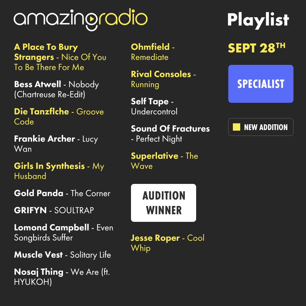 amazingradio's tweet photo. SPECIALIST ADDS FOR @OfficialSPRLTV @rivalconsoles @DieMuzik @ohmfieldmusic @girlsinsynth @APTBS https://t.co/FbjWY8BNwx