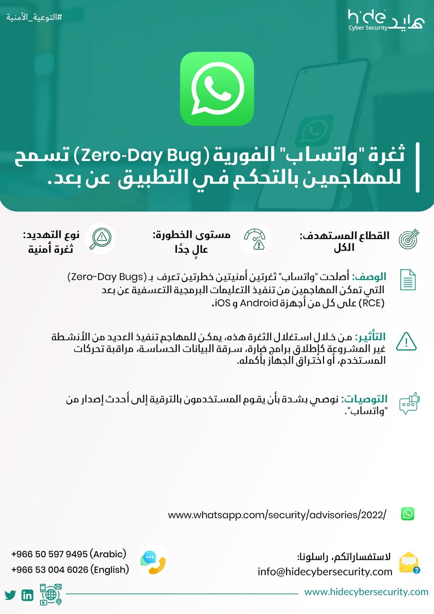 hidecybersec's tweet photo. أصلحت "واتساب" ثغرتين أمنيتين خطرتين تعرف بـ (Zero-Day Bugs) التي تمكن المهاجمين من تنفيذ التعليمات البرمجية التعسفية عن بعد (RCE) على كل من أجهزة Android وiOS.

#whatsapp #saudiarabia #riyadh https://t.co/72RHzXSYKE