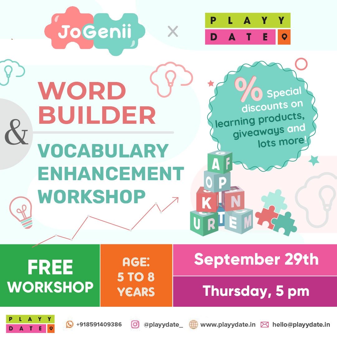 Playydate_'s tweet photo. Jo_Genii X @Playydate_ A one of a kind word building &amp; vocabulary enhancement workshop!
Kids will be introduced to games which will help amp their spelling skills &amp; build their vocabulary! Use the code JGPLAY to get a 10% discount on any purchase on https://t.co/YEwyNVp8XN https://t.co/0kxHtr3npV