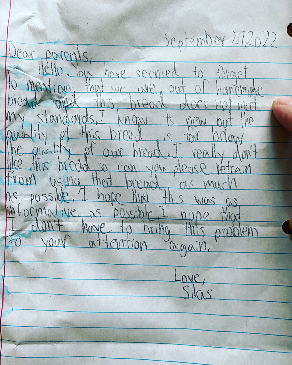 brooklyndula's tweet photo. Child food snob. This came home with the uneaten sandwich. Needless to say, that same sandwich went to school with him today. At least he writes well (and passive aggressively). #lordofthemannerhouse #yourbreadm’lord #learnhowtobake https://t.co/W1UeWYUvPW