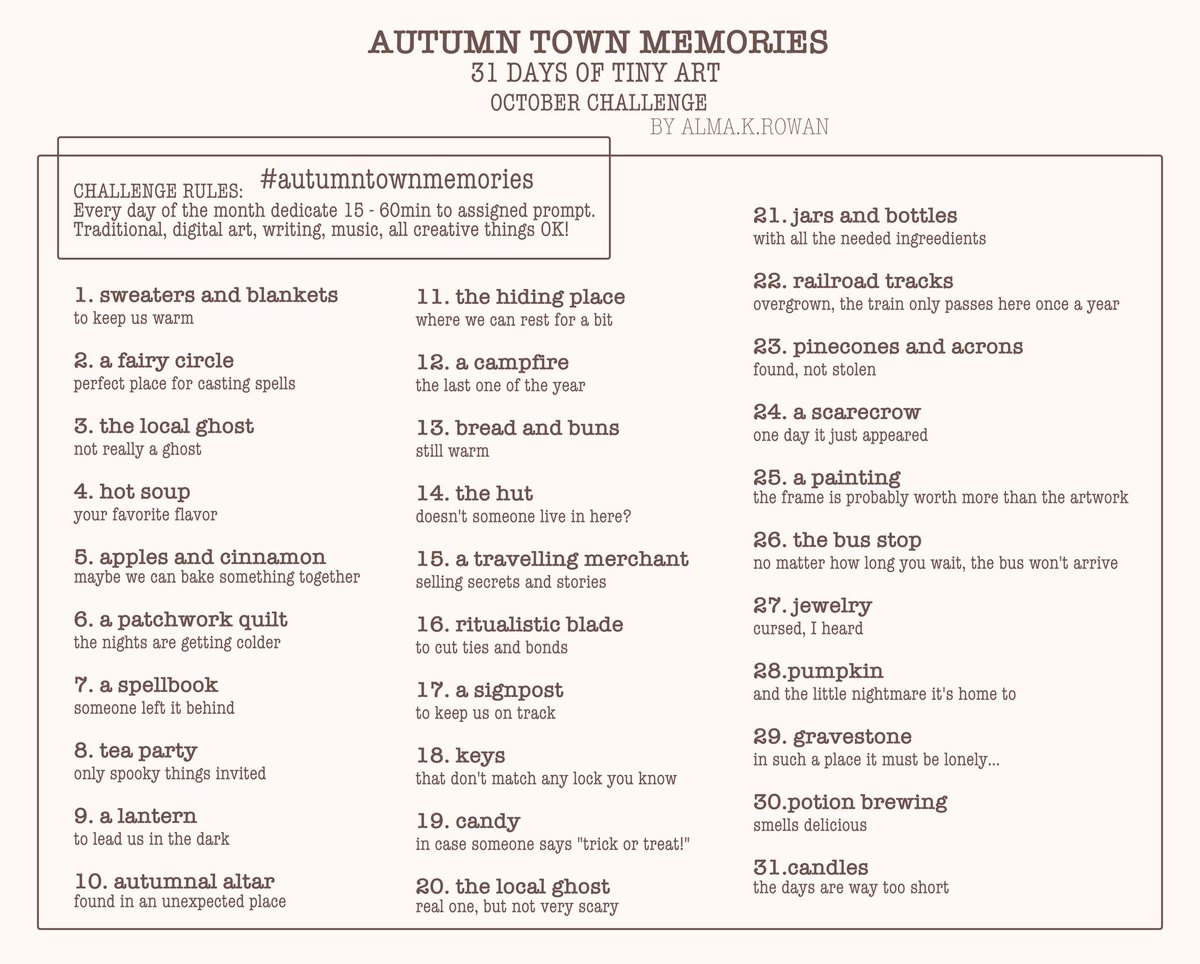 AlmaKRowan's tweet photo. I made an art challenge of my own! 
Feel free to join me in October with #autumntownmemories ♡ https://t.co/S57DS3aNWz