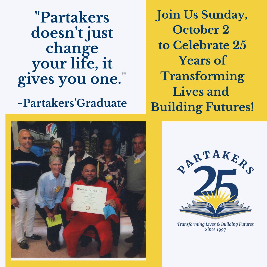 We hope you will be celebrating with us this Sunday, October 2. Join us in person 3-6 or stream virtually 4-5.  Details and RSVP here:  partakers.org/partakers-25 #Partakers25'
#TransformingLivesandBuildingFutures
#MentorsMatter
#PrisonEducation