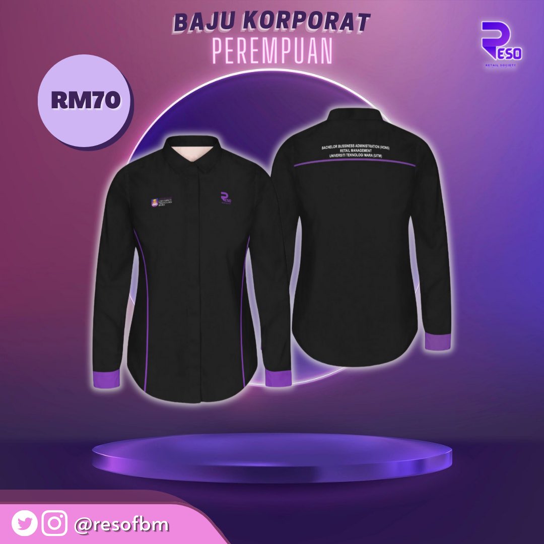 resofbm's tweet photo. TEMPAHAN BAJU KORPORAT RETAIL SOCIETY‼️

RESO dh launch design baru untuk baju korporat 😍 Looks more smart with purple🖤💜 

Bole pakai time pegi class or apa ii event ofc korang akan nampak smart😎

LINK TEMPAHAN!
https://t.co/8P39BYSvDh

#reso #resofbm #fbmpalam https://t.co/foyWMYk05f