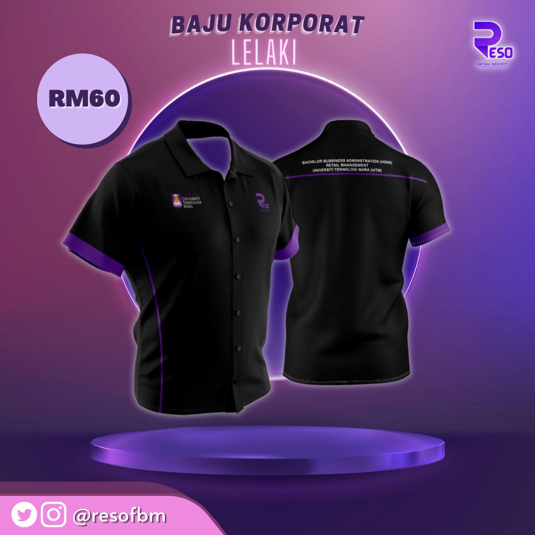 resofbm's tweet photo. TEMPAHAN BAJU KORPORAT RETAIL SOCIETY‼️

RESO dh launch design baru untuk baju korporat 😍 Looks more smart with purple🖤💜 

Bole pakai time pegi class or apa ii event ofc korang akan nampak smart😎

LINK TEMPAHAN!
https://t.co/8P39BYSvDh

#reso #resofbm #fbmpalam https://t.co/foyWMYk05f
