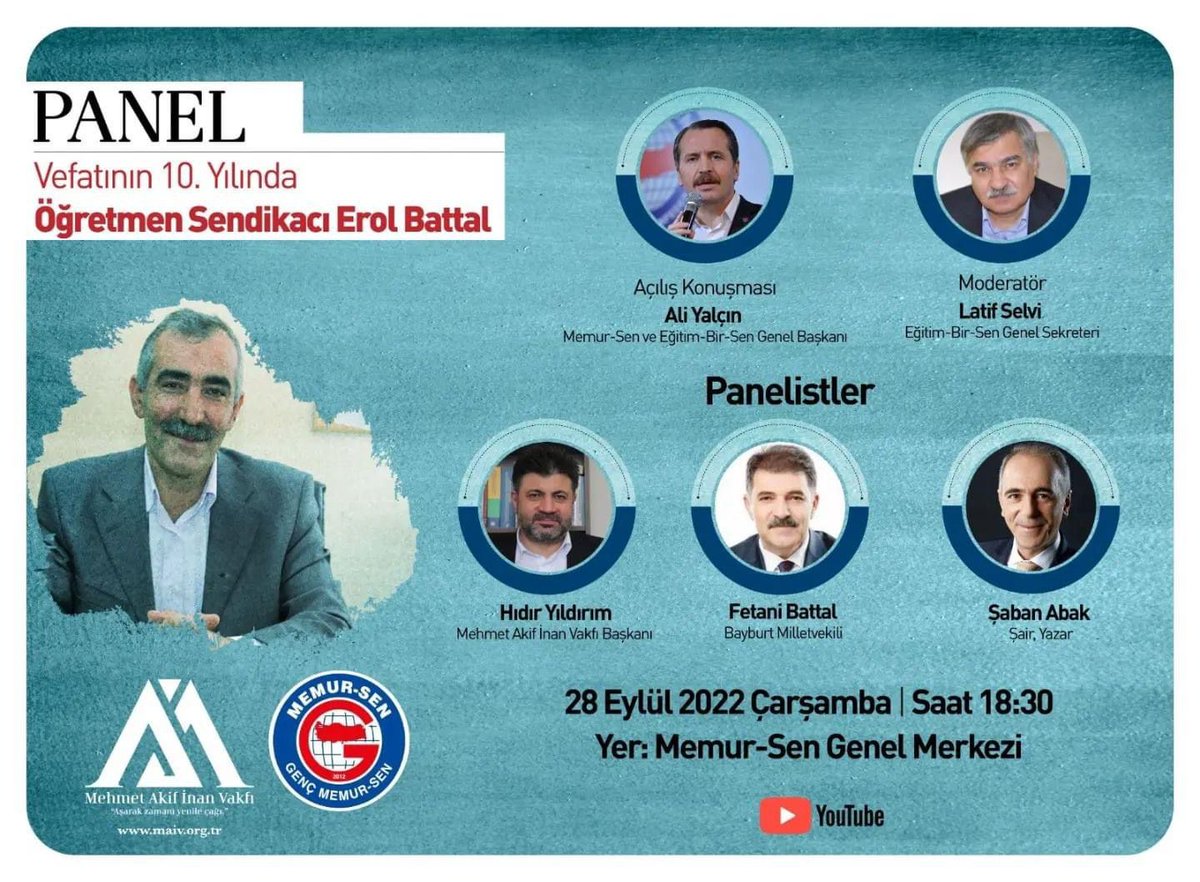 “İkisi de hayatıma anlam katan uğraşlardı. Tek biriyle değil, ikisiyle birden anılmak isterim; Öğretmen sendikacı Erol Battal.”

Vefatının 10. yılında merhum Erol Battal'ı anmak ve anlamak için düzenlenen panelimize bekliyoruz.

Katılım⤵️ docs.google.com/forms/d/e/1FAI…