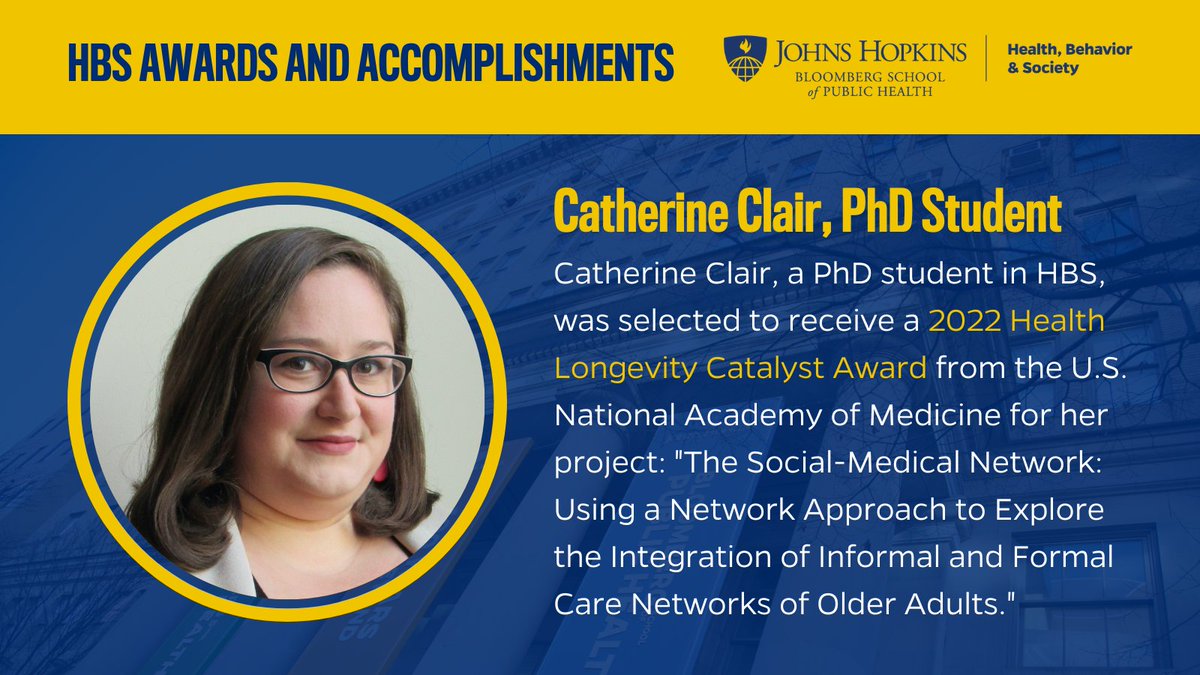 Johns Hopkins HBS (@johnshopkinshbs) on Twitter photo Congratulations to <a href="/JohnsHopkinsHBS/">Johns Hopkins HBS</a> PhD student, <a href="/CatherineAClair/">Catherine A Clair</a>, who received a 2022 Health Longevity Catalyst Award from <a href="/theNAMedicine/">National Academy of Medicine</a>! 🌟🎉✨
Her project will explore connections between the social-medical network and the health of older adults and their communities. Congratulations to <a href="/JohnsHopkinsHBS/">Johns Hopkins HBS</a> PhD student, <a href="/CatherineAClair/">Catherine A Clair</a>, who received a 2022 Health Longevity Catalyst Award from <a href="/theNAMedicine/">National Academy of Medicine</a>! 🌟🎉✨
Her project will explore connections between the social-medical network and the health of older adults and their communities.