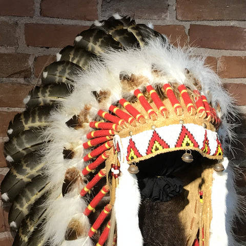 PlayfulHomeLab's tweet photo. 40″ Victory Headdress reproduction by artist Russ Kruse. $1,500.  Materials used include Eagle feathers, Horse Hair, Ermine, Copper Bells, Felt, and Leather Ties. Find it at Black Arrow Gallery: https://t.co/0XsezM9i3E
#decor https://t.co/JaoHu4gw8Q