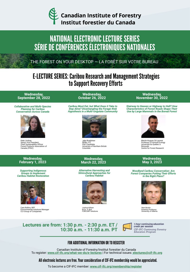 CIF_IFC's tweet photo. Tune in to today's E-Lecture as @aklindsay_kate, @FPAC_APFC kicks the series off with "Collaborative and Multi-Species Planning for #Caribou Conservation Across Canada". Join us LIVE at 1:30pm ET/10:30am PT here 🖥️: https://t.co/Quc0tpFum9 
#WebinarWednesday #RootedInCIF https://t.co/S598pWdO5G