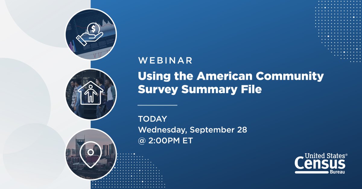 Join us today as we provide background information about the #AmericanCommunitySurvey (ACS), an explanation of the ACS Summary File, and review the new organization of the files.

Register: census.gov/data/academy/w…  

#ACSdata