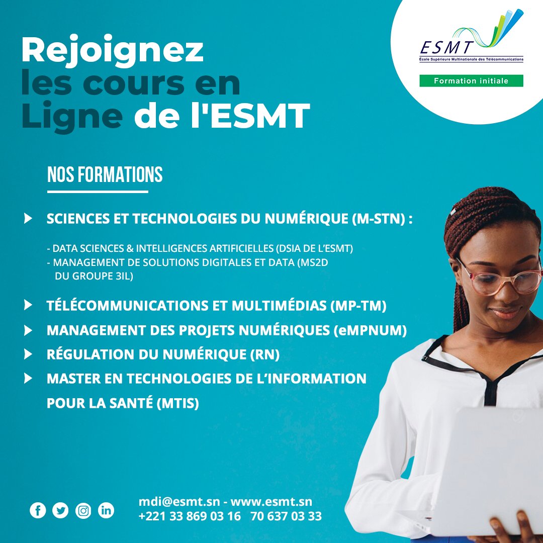 esmtdakar's tweet photo. Prenez votre envol dans les sphères du Numérique avec les Masters en ligne de l'ESMT.
S'inscrire: https://t.co/mKRfqfrmN3
#kebetu #eLearning #3IL #Ucad https://t.co/V4bt7UVlxx